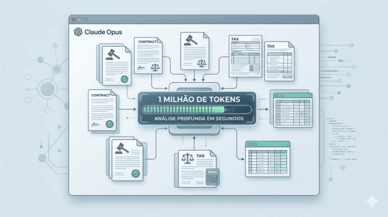 Interface do Claude Opus analisando múltiplos documentos jurídicos e fiscais com gráfico de 1 milhão de tokens.
