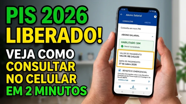 Consultar PIS: Smartphone exibindo aplicativo Carteira de Trabalho Digital para consulta de abono salarial PIS 2026.