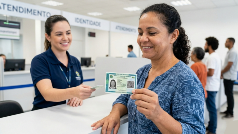 Mulher sorrindo segura a nova Carteira de Identidade Nacional (CIN) em um posto de atendimento oficial, ilustrando o processo de emissão da segunda via do RG.