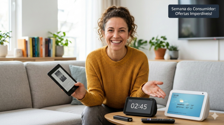 Mulher sorrindo segurando Kindle e apontando para Echo Show 5 e Echo Show 8 na Semana do Consumidor Amazon.