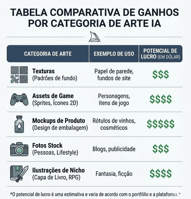 Tabela comparativa de ganhos por categoria de arte gerada por inteligência artificial MidJourney.