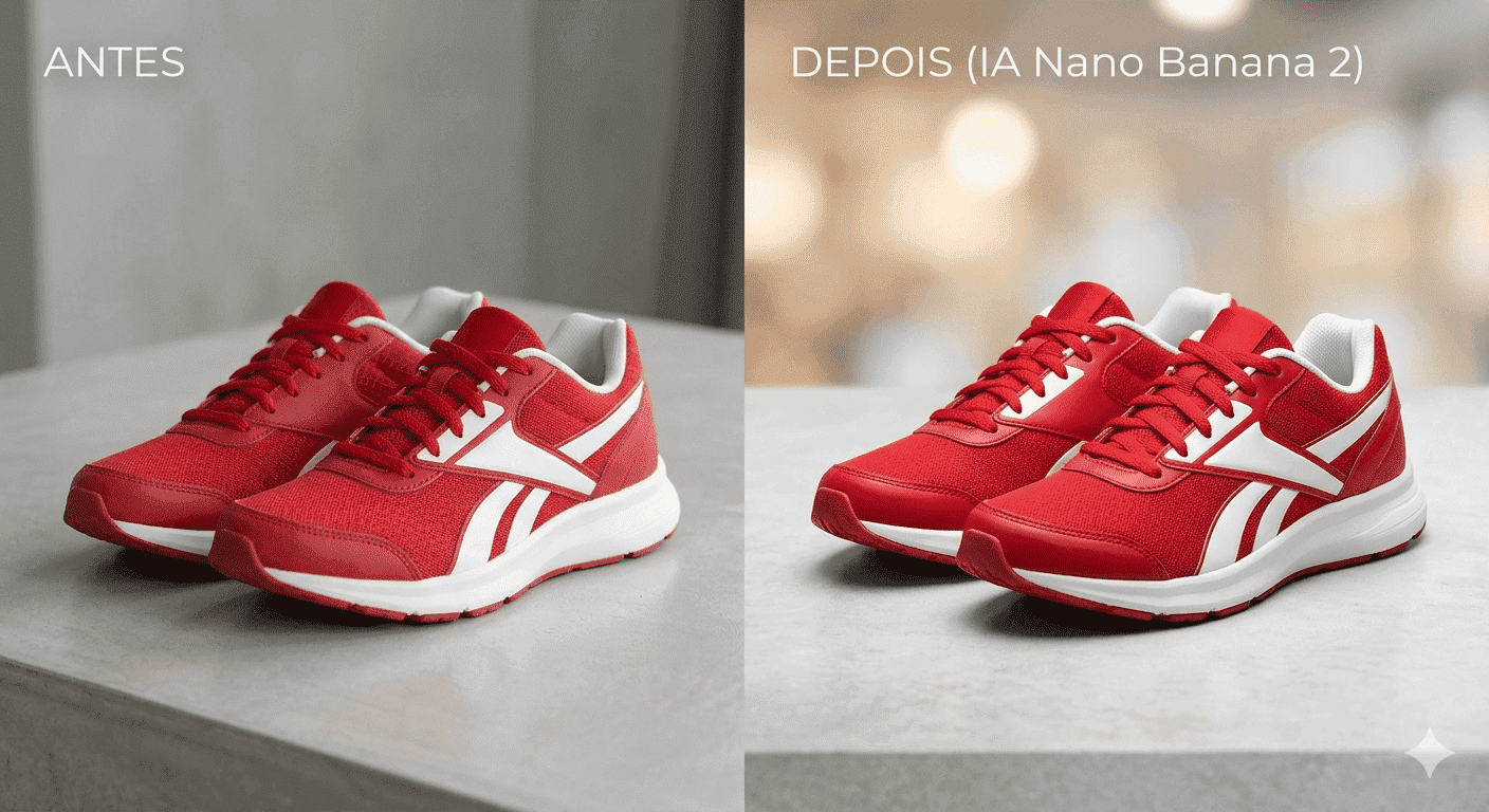 Comparação de foto de tênis antes e depois da edição com IA Nano Banana 2