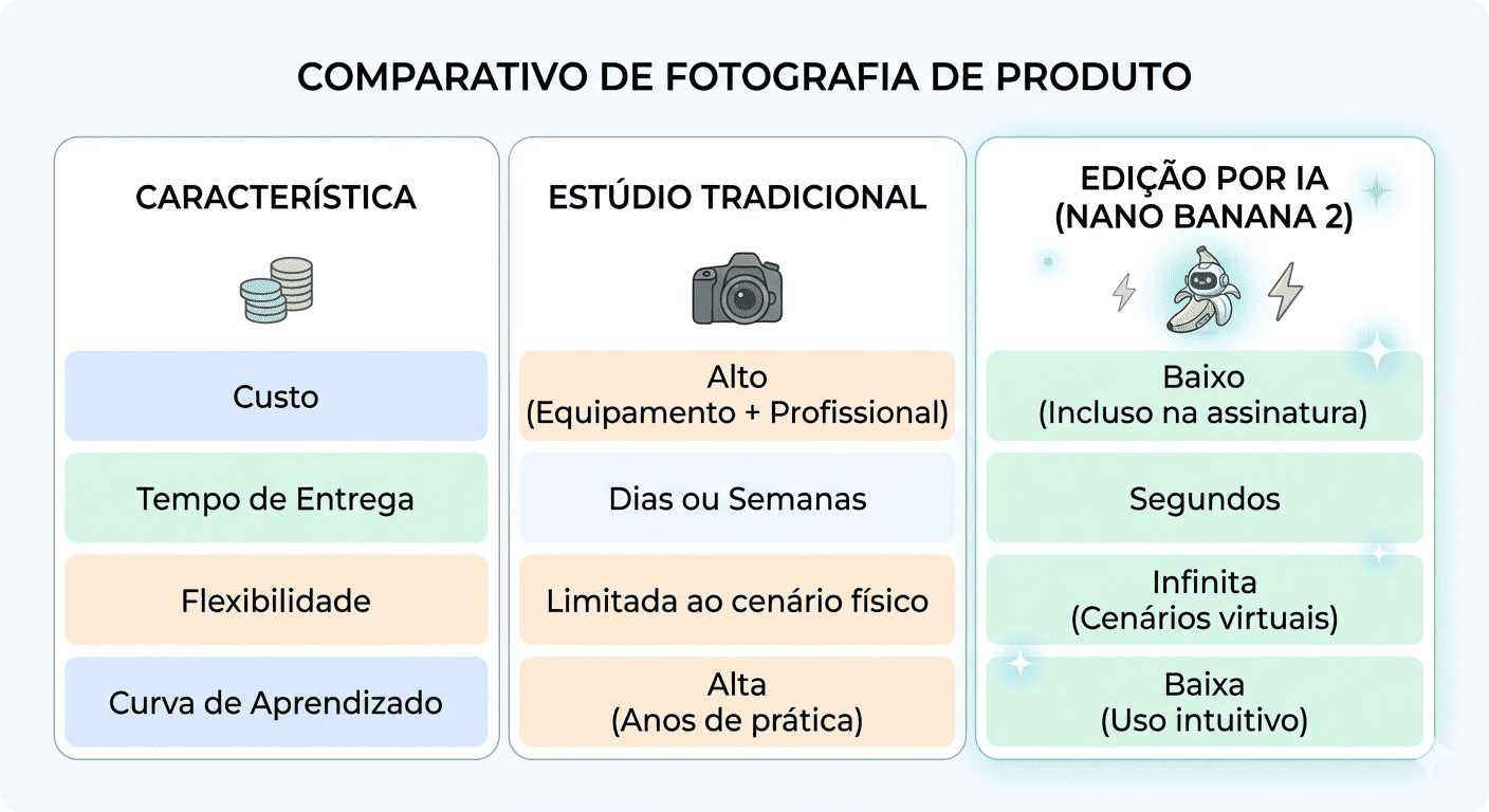 Tabela comparativa entre fotografia de estúdio tradicional e edição por inteligência artificial